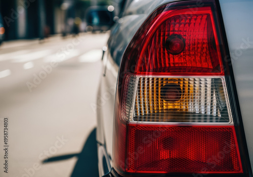 Close-up of car tail light with red and amber signals on busy urban street. Tail light design features clear glass and colored lenses, showing the importance of vehicle safety.