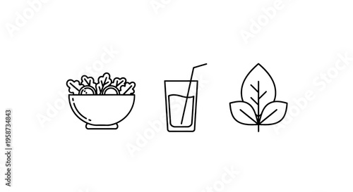 Healthy food icons including salad bowl drink with straw and leaf simple line art for diet and nutrition concepts isolated on white