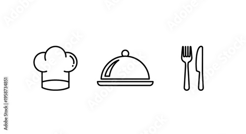 Set of culinary icons including chef hat food cloche and cutlery simple line art for restaurant menus and food service branding isolated on white