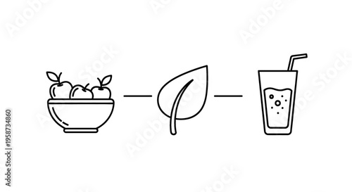 Line art icons of apples in a bowl a leaf and a glass of juice representing healthy eating and natural ingredients for a balanced diet