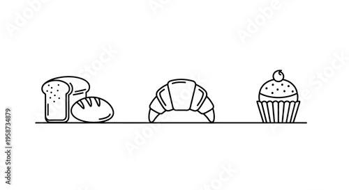 Delicious assortment of freshly baked bread, croissant, and cupcake presented in a clean, minimalist style.