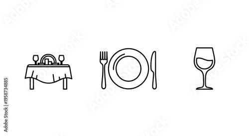 Set of minimalist restaurant icons including a covered table place setting and wine glass perfect for food service apps and menus isolated on white