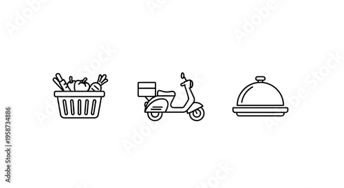 Food delivery icons including a shopping basket scooter and cloche simple line art for e-commerce and restaurant services isolated on white