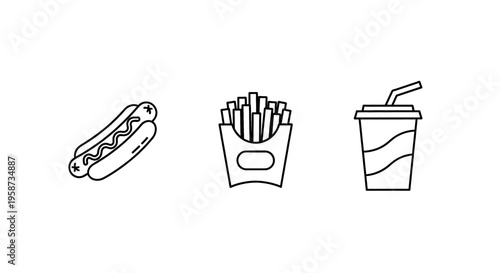 Simple line art icons of a hot dog, french fries, and a soda cup