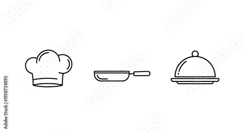Simple line art icons representing culinary elements: chef hat, frying pan, and serving dish.