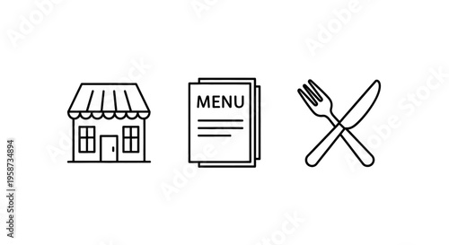 Simple icons representing a restaurant, menu, and cutlery for dining out.