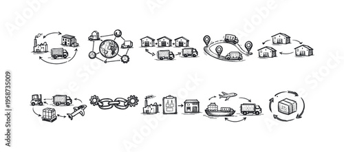 Hand-drawn logistics and supply chain process flow with various transportation methods