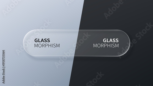 Transparent glass morphism button on split grey and black background. Modern user interface element with blurred effect. Digital graphic design component for website and mobile app.
