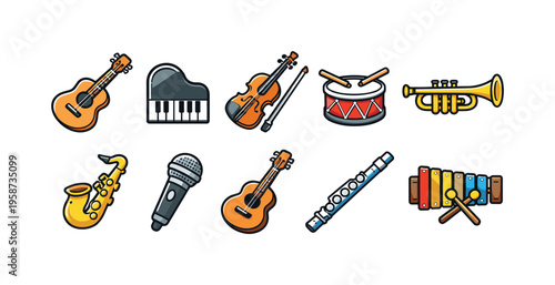 Collection of colorful musical instruments and microphone icons on a white background