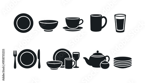 Collection of simple black icons representing various tableware items on a white background