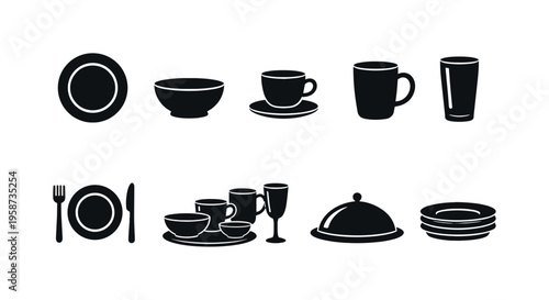 Collection of black silhouette icons representing various tableware and dining items