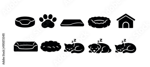 Collection of pet sleeping icons and accessories for comfort and care