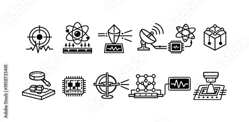 Collection of scientific and technological icons representing research and innovation