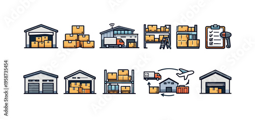 Warehouse and logistics icons depicting storage, delivery, and shipping processes