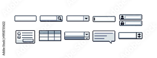 Collection of pixel art UI elements including input fields, buttons, and icons