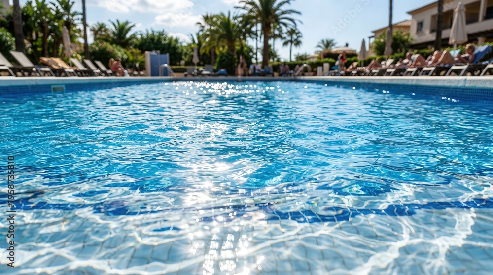 Fototapeta premium Scenic Poolside View with Clear Blue Water at Tropical Resort