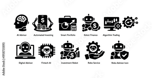 Collection of fintech and AI icons representing automated financial services and advisory