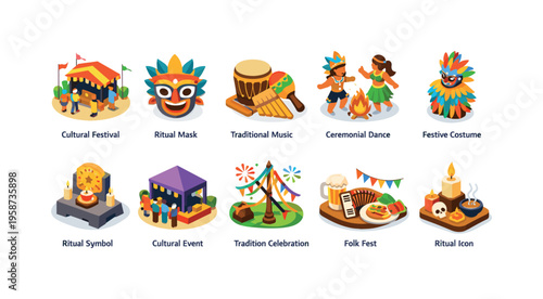 Collection of isometric icons representing cultural festivals, traditions, and celebrations