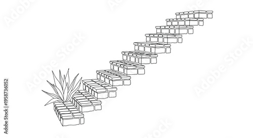 The architectural outline drawing depicts a rising stairway made of stone blocks ascending toward the top right corner beside a small plant.