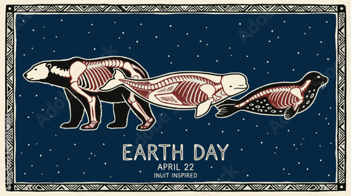 Inuit inspired Earth Day vector illustration, polar bear beluga whale and seal with visible skeletons, arctic wildlife conservation poster