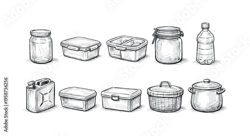 Collection of various containers and vessels in a hand-drawn sketch style