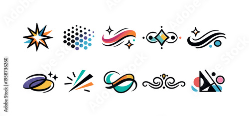 Collection of abstract graphic design elements and icons with vibrant colors