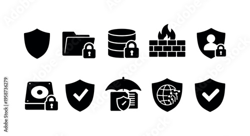 Collection of digital security and protection icons on a white background