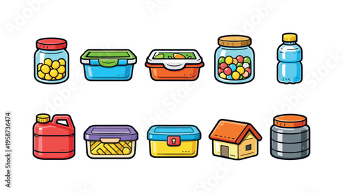 Collection of cartoon food containers, jars, and a water bottle