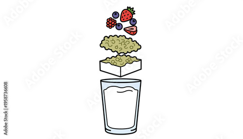 Vertical illustration of healthy breakfast ingredients. Granola, berries, and yogurt falling into a glass. Hand drawn vector food concept