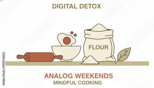 Digital detox and analog weekends concept. Mindful cooking vector illustration with flour and rolling pin. Minimalist flat design kitchen art