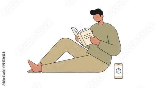 Man reading book with smartphone turned off. Digital detox and offline lifestyle concept. Flat design vector illustration isolated on white background
