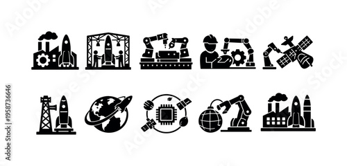 Space industry icons depicting rockets, factories, satellites, and robotic arms