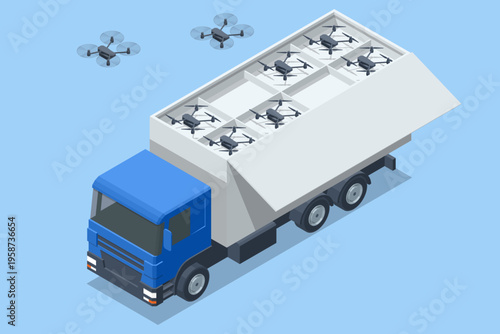Isometric truck carrying multiple quadcopters inside an opened cargo compartment while drones fly nearby. Military field environment shows drone deployment, remote control, tactical surveillance
