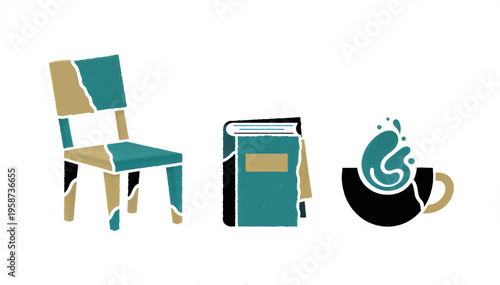 Collage style vector icons of a chair, book, and coffee cup. Torn paper effect illustration set for reading and relaxation. Abstract flat design elements isolated on white background