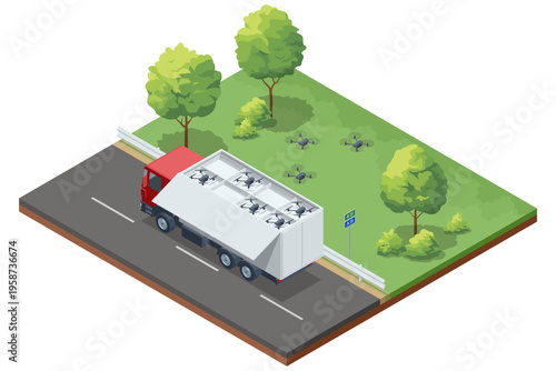 Isometric truck carrying multiple quadcopters inside an opened cargo compartment while drones fly nearby. Military field environment shows drone deployment, remote control, tactical surveillance