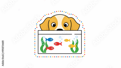 Dog looking at fish tank vector illustration. Curious puppy watching fish in aquarium. Flat design sticker with dotted border