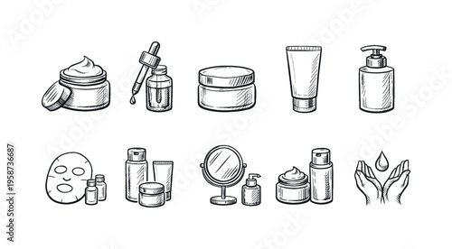 Collection of hand-drawn skincare and beauty product icons for cosmetic routines
