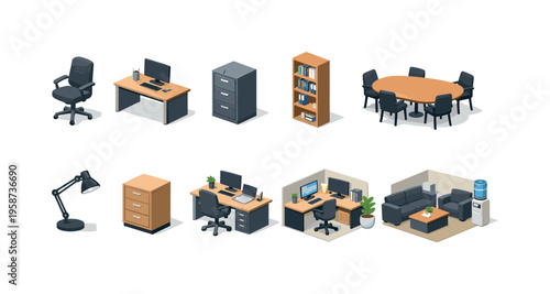 Isometric office furniture and workspace elements collection