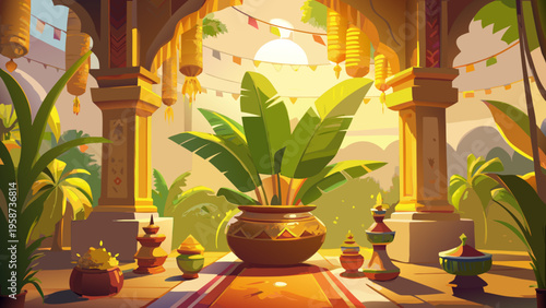 Tropical patio, outdoor living space, exotic plants, colorful decor, sunny veranda