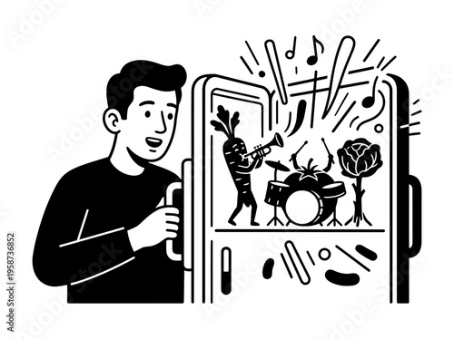 Man opening fridge with music band surprise illustration