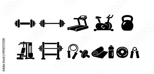 Collection of black fitness equipment icons on a white background for workout and exercise