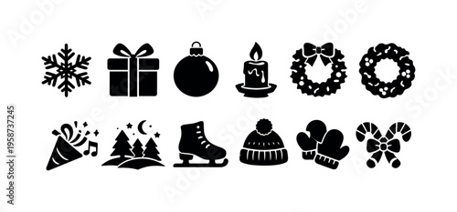 Collection of festive winter holiday icons including snowflake, gift, ornament, candle, and wreath