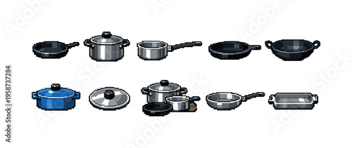 Collection of pixel art kitchenware including pots, pans, and baking dishes