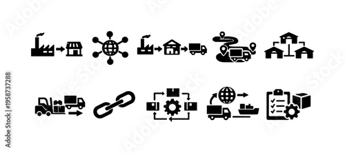 Collection of supply chain and logistics icons illustrating global distribution and delivery processes