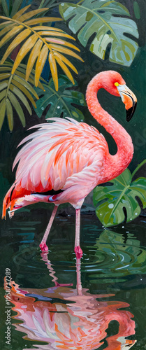 A vibrant pink flamingo stands in a dark green body of water with a white belly and bright yellow eyes.