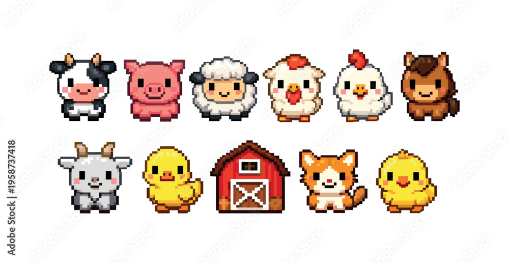 Obraz premium Cute pixel art farm animals and barn collection for children's designs