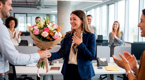 Woman receiving surprise flowers from colleague in modern office  