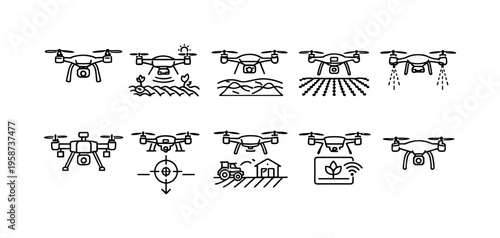Collection of drone icons illustrating agricultural technology and aerial surveillance applications