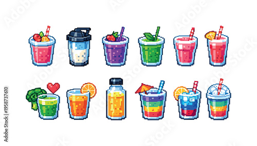 Pixel art collection of colorful fruit smoothies and drinks in cups and bottles