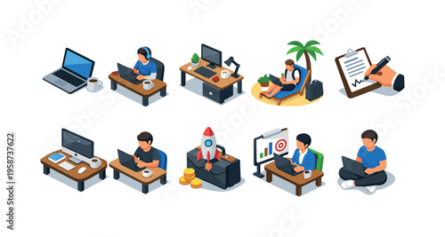 Isometric illustrations of people working remotely and managing business projects